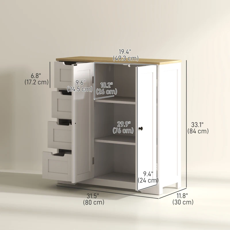 HOMCOM Freestanding Bathroom Floor Cabinet, Modern Bathroom Cabinet with Adjustable Shelf, 4 Drawers and 2 Doors, White