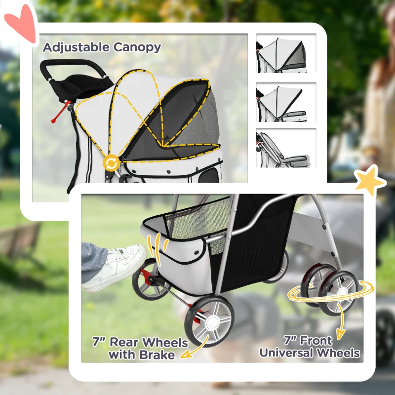 PawHut Pet Stroller for Dogs & Cats, Foldable Dog Stroller with Wheels, Reflective Strips, Brake, Pad and Basket, Grey