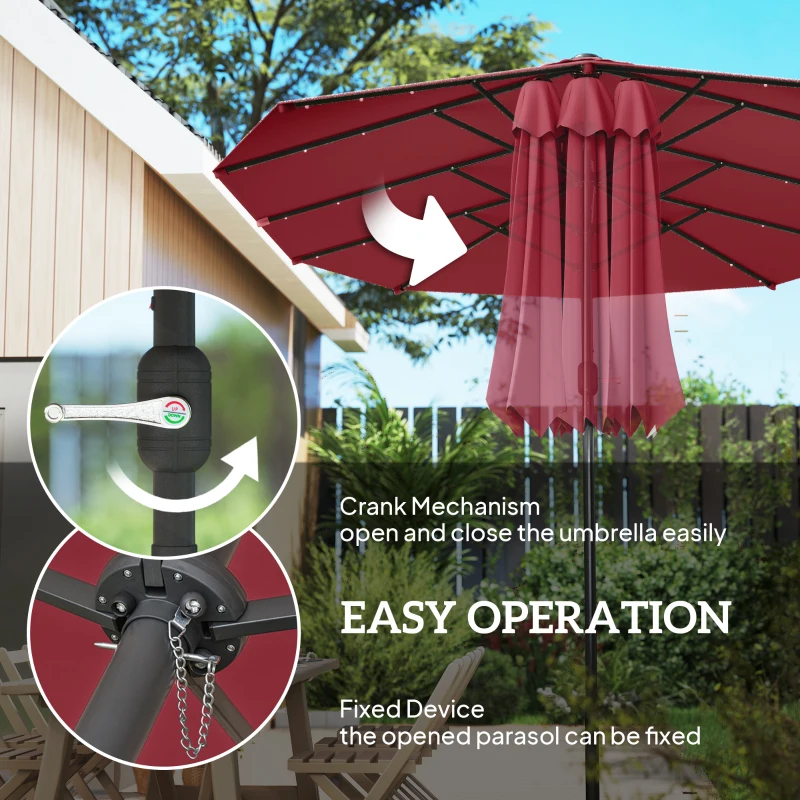 Outsunny 173.2" Double-Sided Sun Umbrella Garden Parasol Patio Sun Shade Outdoor with LED Solar Light, No Base Included, Wine Red