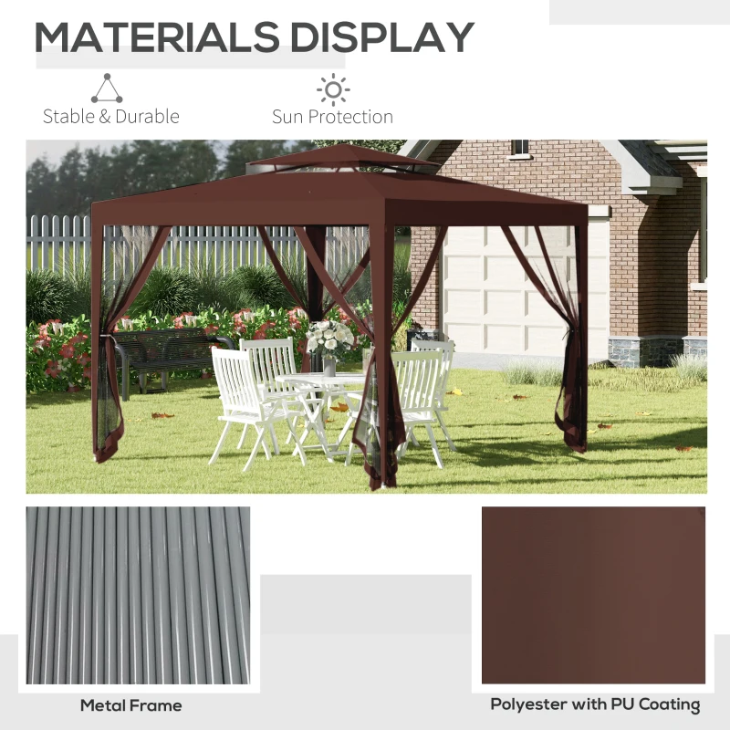Outsunny 10' x 10' Outdoor Canopy Tent Party Tent with Mesh Netting and Double Tier Roof for Backyard, Garden, Patio, Brown