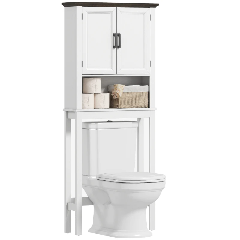 HOMCOM Over The Toilet Storage, Bathroom Cabinet Over Toilet with Open Shelf and Adjustable Bottom Bar, White