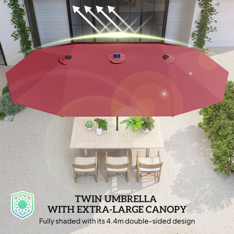 Outsunny 173.2" Double-Sided Sun Umbrella Garden Parasol Patio Sun Shade Outdoor with LED Solar Light, No Base Included, Wine Red