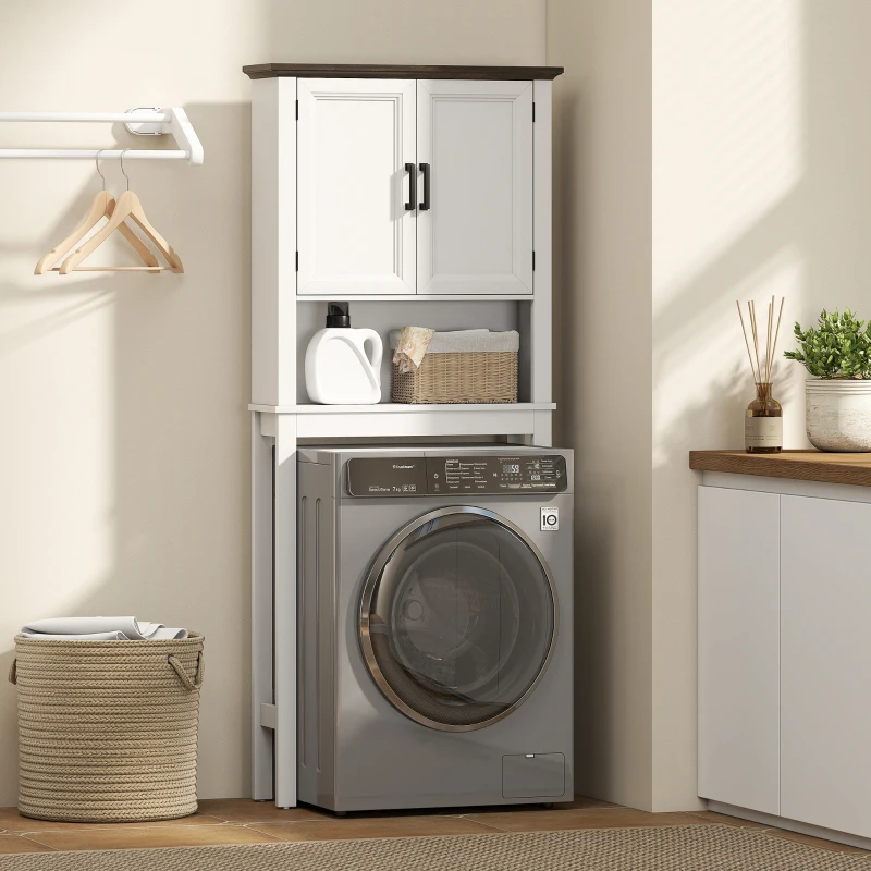 HOMCOM Over The Toilet Storage, Bathroom Cabinet Over Toilet with Open Shelf and Adjustable Bottom Bar, White