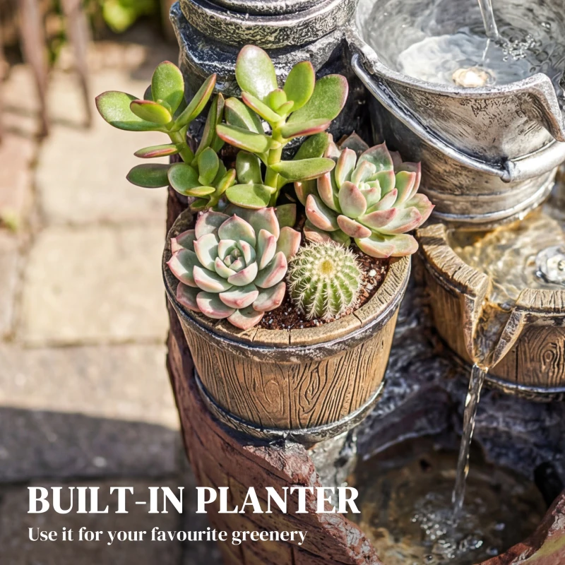 Outsunny 4-Tier Outdoor Fountain with Planter, Cascading Waterfall Feature with LED Lights, Rustic Brown and Grey