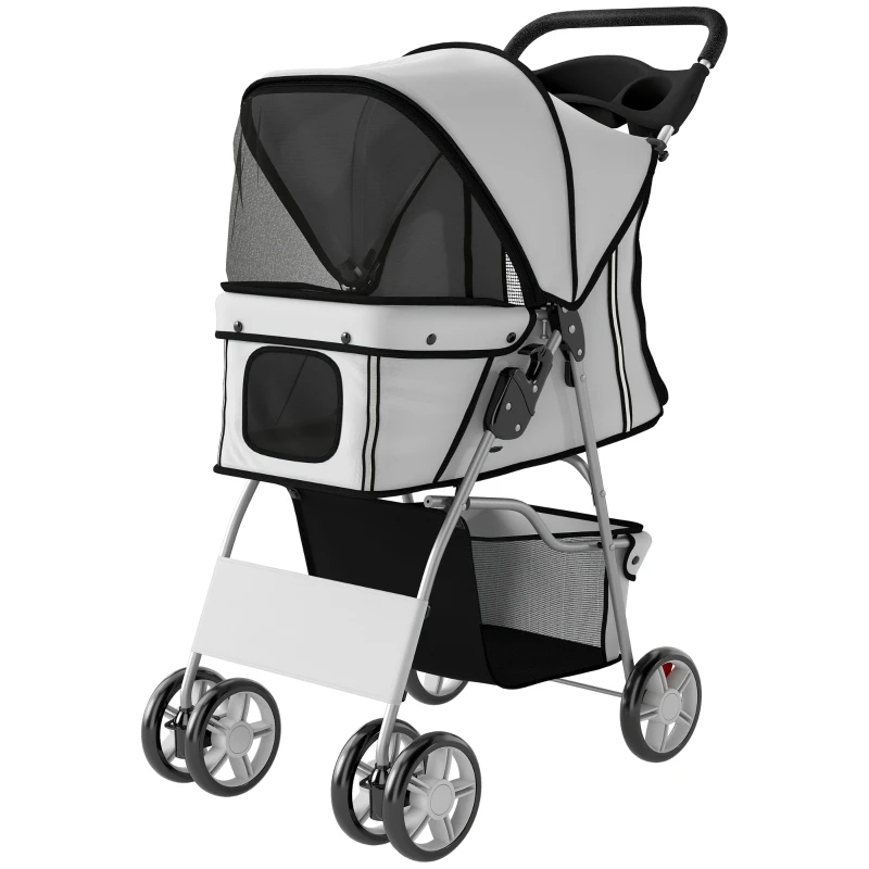 PawHut Pet Stroller for Dogs & Cats, Foldable Dog Stroller with Wheels, Reflective Strips, Brake, Pad and Basket, Grey