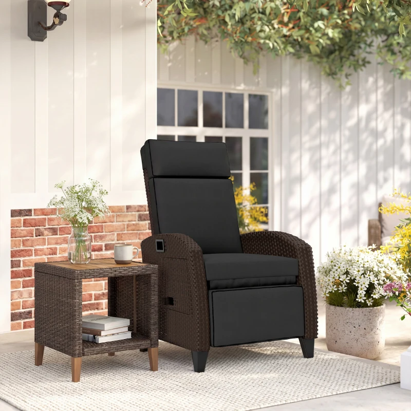 Outsunny Outdoor Recliner Chair with Adjustable Backrest, Cushion, Side Tray, Black