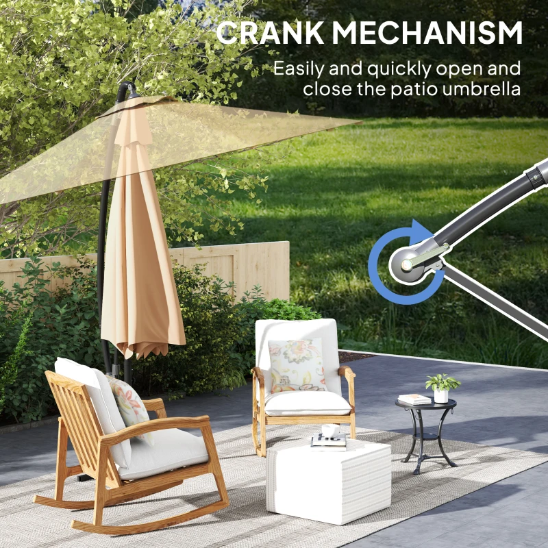 Outsunny 9.5' Cantilever Umbrella with Wind Protection Strap and Cover, Hanging Umbrella with Crank and Cross Base, Khaki