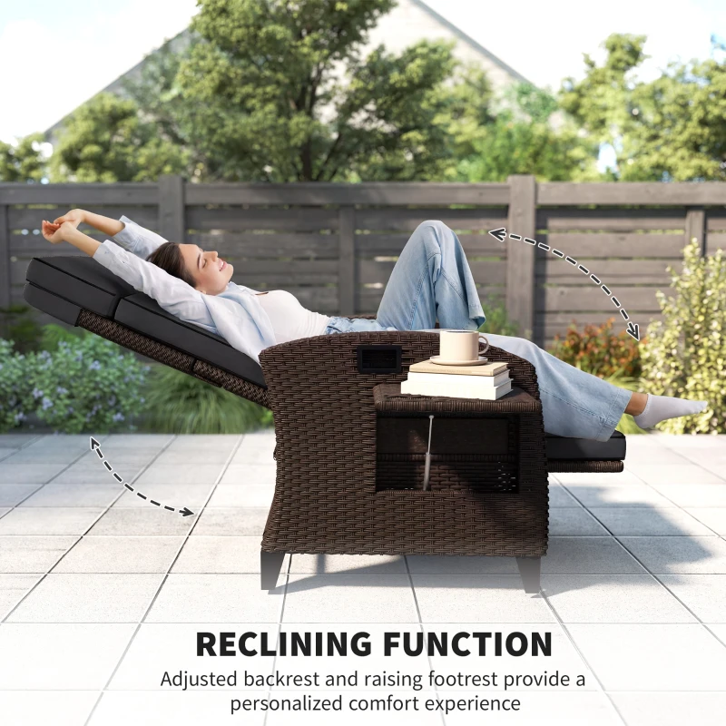 Outsunny Outdoor Recliner Chair with Adjustable Backrest, Cushion, Side Tray, Black