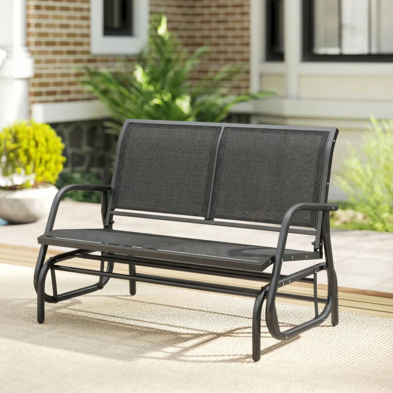 Outsunny Outdoor Glider Bench, 2 Seater Garden Patio Glider Chair with Sling Fabric Seat, Steel Frame, Black