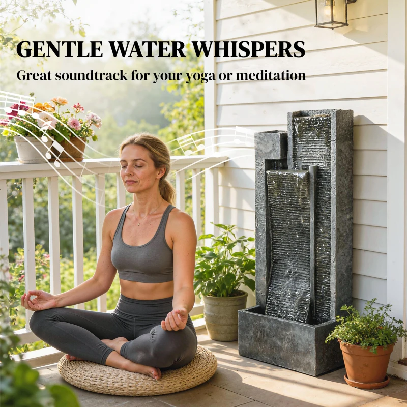 Outsunny Outdoor Water Fountain with LED Lights and Planter, 3-Tier Modern Cascading Waterfall Feature with Pump, Dark Grey