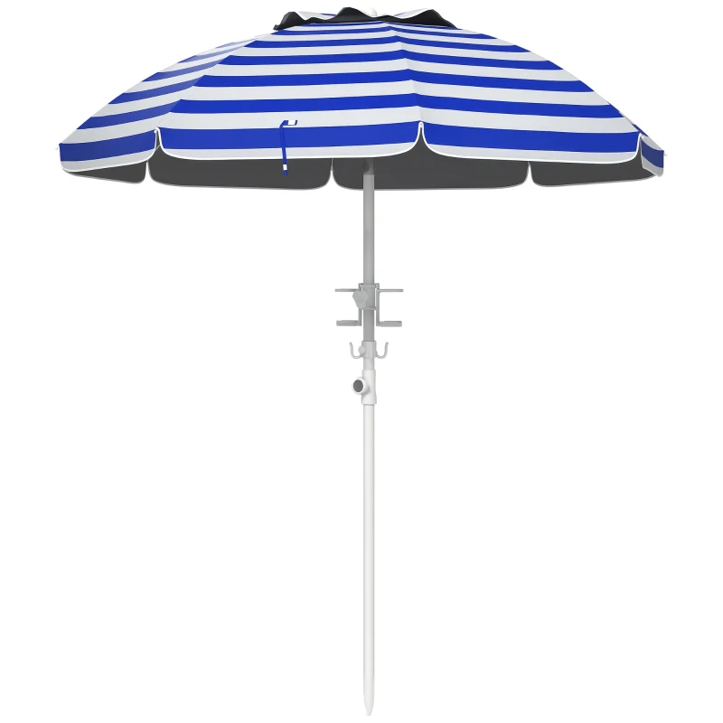 Outsunny 5.7' Beach Umbrella for Travel with Tilt, Adjustable Height, 2 Cup Holders, Hook, Vent, Ruffles, Blue and White