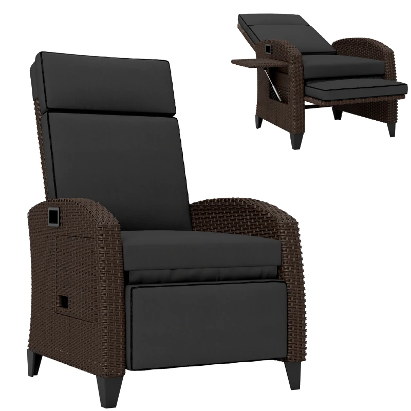 Outsunny Outdoor Recliner Chair with Adjustable Backrest, Cushion, Side Tray, Black