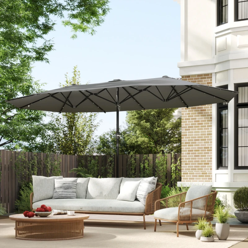 Outsunny 173" Double-Sided Sun Umbrella Garden Parasol Patio Sun Shade Outdoor with LED Solar Light, No Base Included, Dark Gre