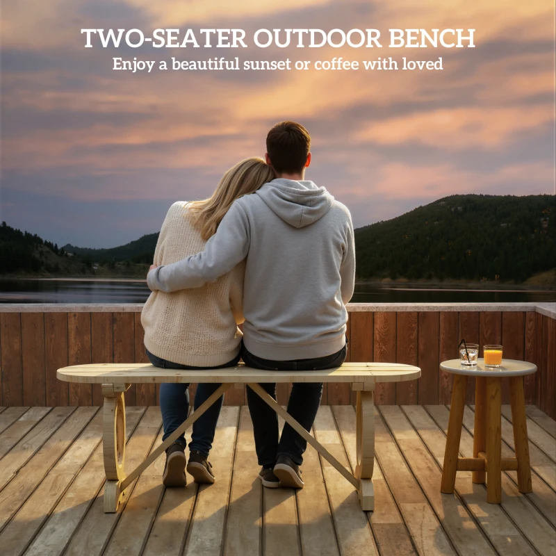 Outsunny 2-Person Outdoor Bench, Wood Garden Bench with Wagon Wheel Legs, Slatted Seat for Patio, Park, Backyard, Natural Wood