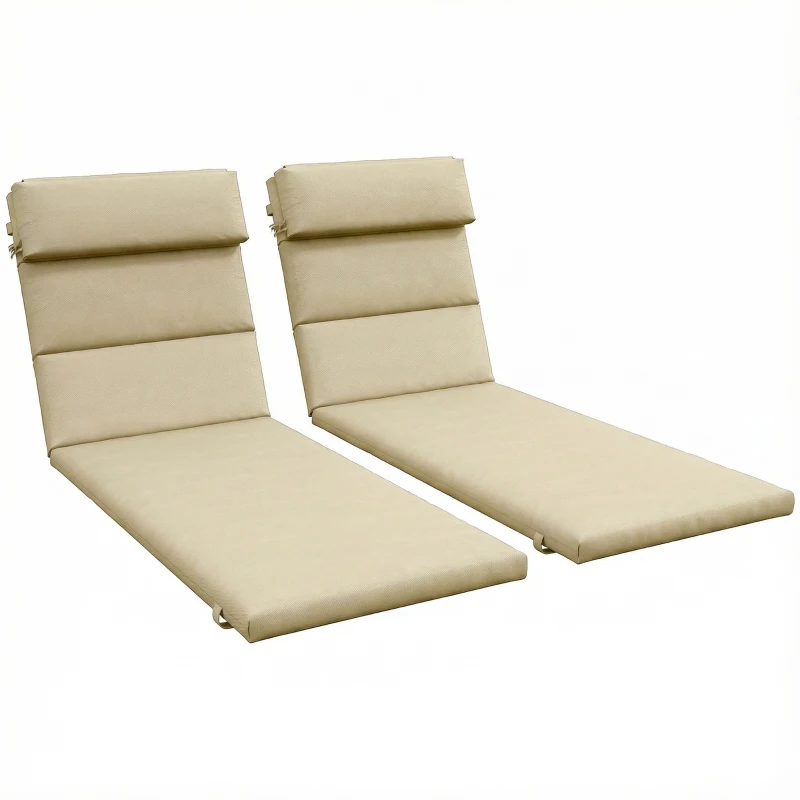 Outsunny Patio Chaise Lounge Chair Cushions Replacement Sun Lounger Pads with Headrest and Ties, Set of 2, Beige