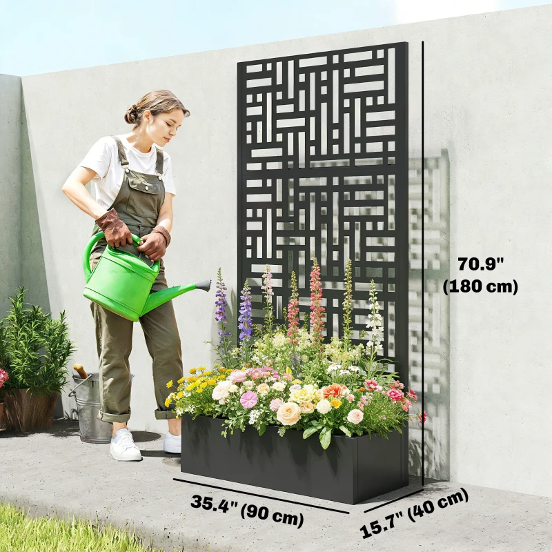 Outsunny Galvanised Raised Garden Bed with Trellis, 71" Tall Metal Planter Box with Privacy Screen and Drainage Holes