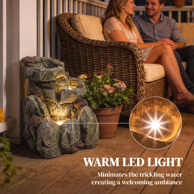 Outsunny Outdoor Fountain with LED Lights Adjustable Flow Cascading Waterfall 3-Tier Rustic Rock Look Grey