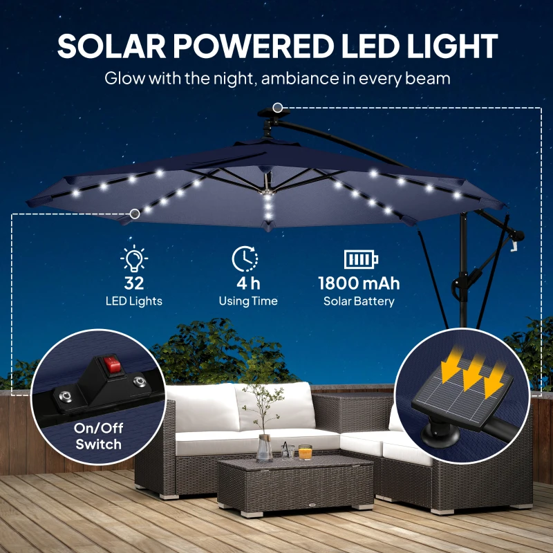 Outsunny 9.7ft Solar LED Cantilever Patio Umbrella with 32 LED Lights, Cross Base, Crank Handle, for Poolside, Deck, Dark Blue