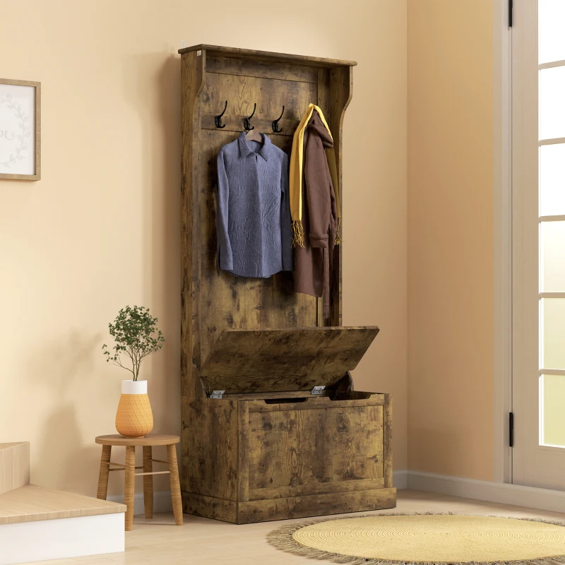 HOMCOM 4-In-1 Hall Tree with Coat Rack, Top Shelf, Shoe Storage and Bench Seat, Entryway Bench with 4 Hooks, Rustic Brown