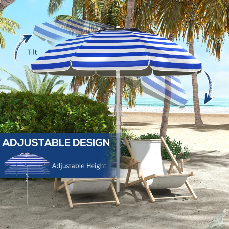 Outsunny 5.7' Beach Umbrella for Travel with Tilt, Adjustable Height, 2 Cup Holders, Hook, Vent, Ruffles, Blue and White
