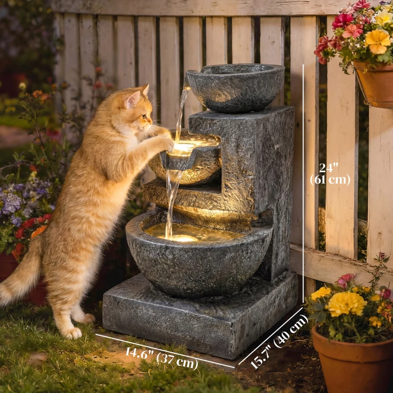 Outsunny 3-Tier Outdoor Water Fountain, Garden Waterfall Fountain with LED Lights and Pump, Indoor Freestanding Resin Waterfall