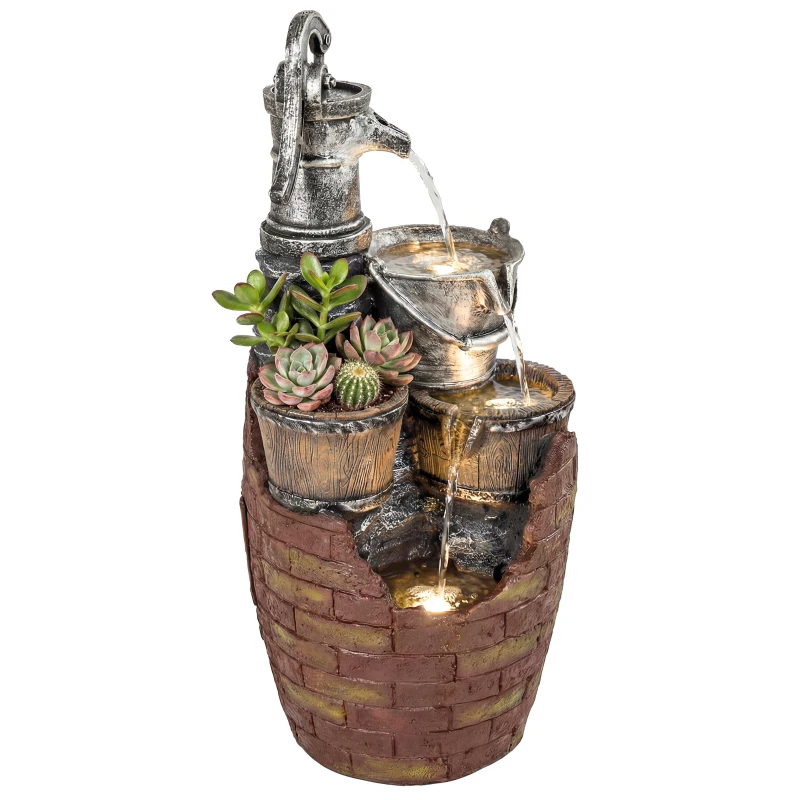 Outsunny 4-Tier Outdoor Fountain with Planter, Cascading Waterfall Feature with LED Lights, Rustic Brown and Grey