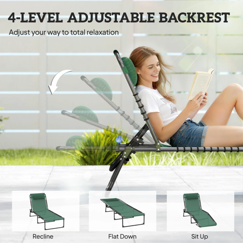 Outsunny Folding Lounge Chair, Adjustable Chaise Lounge with Headrest, Reclining Lounger Cot for Camping, Hiking, Green