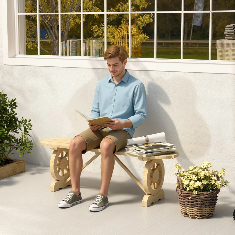 Outsunny 2-Person Outdoor Bench, Wood Garden Bench with Wagon Wheel Legs, Slatted Seat for Patio, Park, Backyard, Natural Wood