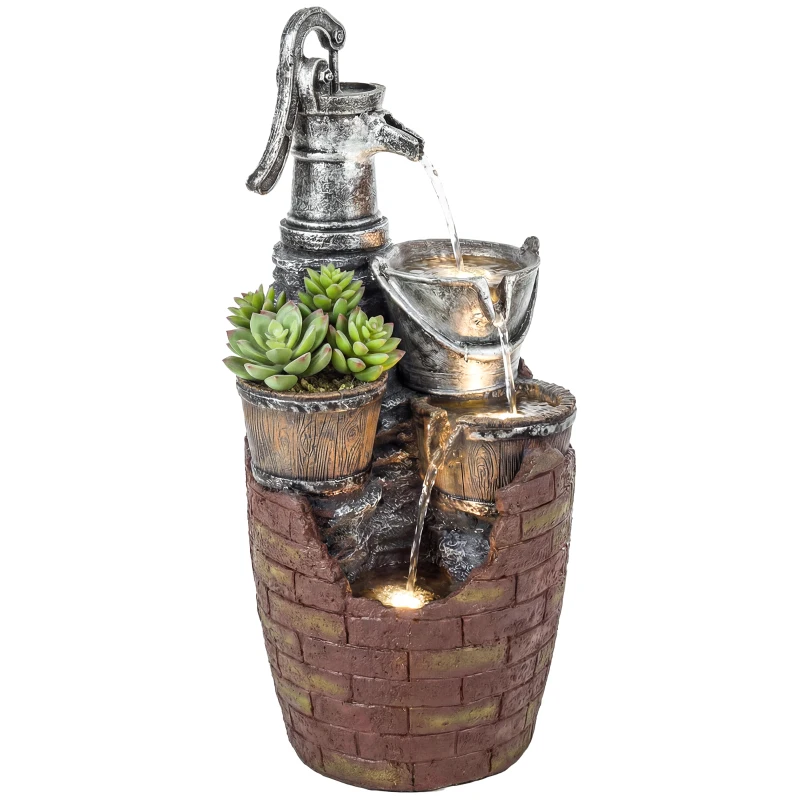 Outsunny 4-Tier Outdoor Fountain with Planter, Cascading Waterfall Feature with LED Lights, Rustic Brown and Grey