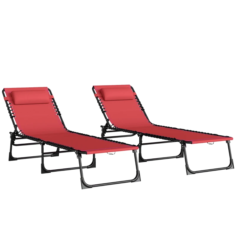 Outsunny 2 PCs Folding Lounge Chairs, Adjustable Chaise Lounge with Headrest, Reclining Lounger Cot for Camping, Hiking, Wine Red