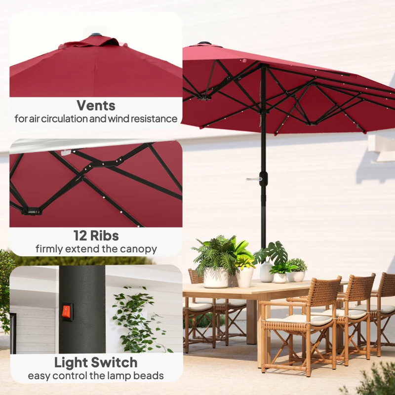 Outsunny 173.2" Double-Sided Sun Umbrella Garden Parasol Patio Sun Shade Outdoor with LED Solar Light, No Base Included, Wine Red