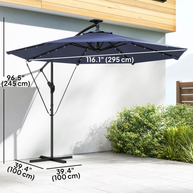 Outsunny 9.7ft Solar LED Cantilever Patio Umbrella with 32 LED Lights, Cross Base, Crank Handle, for Poolside, Deck, Dark Blue