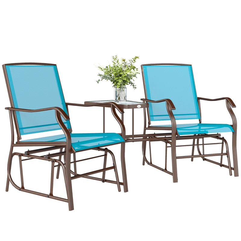 Outsunny Outdoor Glider Chair with Table, 2-Seat Patio Glider Loveseat with Breathable Mesh Fabric, Blue