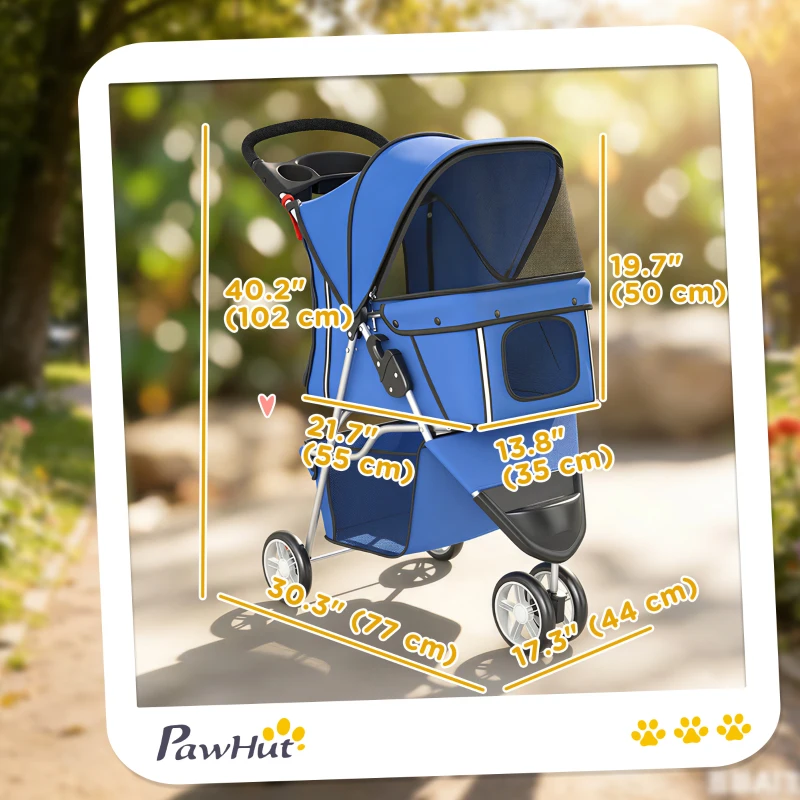 PawHut 3 Wheels Foldable Dog Stroller with Storage Basket, Adjustable Canopy, Cupholder for Miniature and Small Dogs, Blue