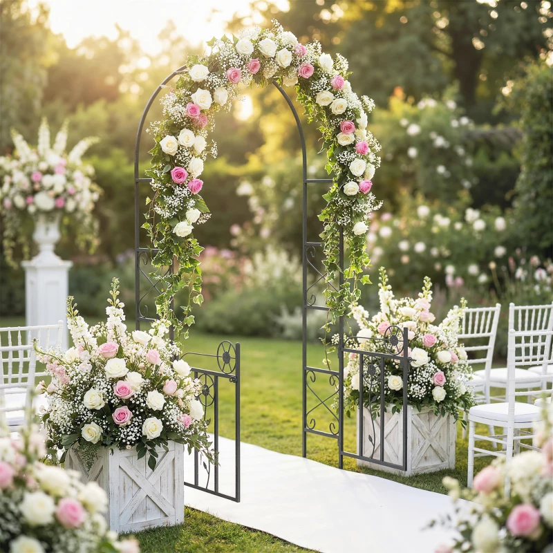 Outsunny 7.4 ft Garden Arch, Outdoor Trellis Arbor with Gate for Climbing Plants, Wedding Arch, Black