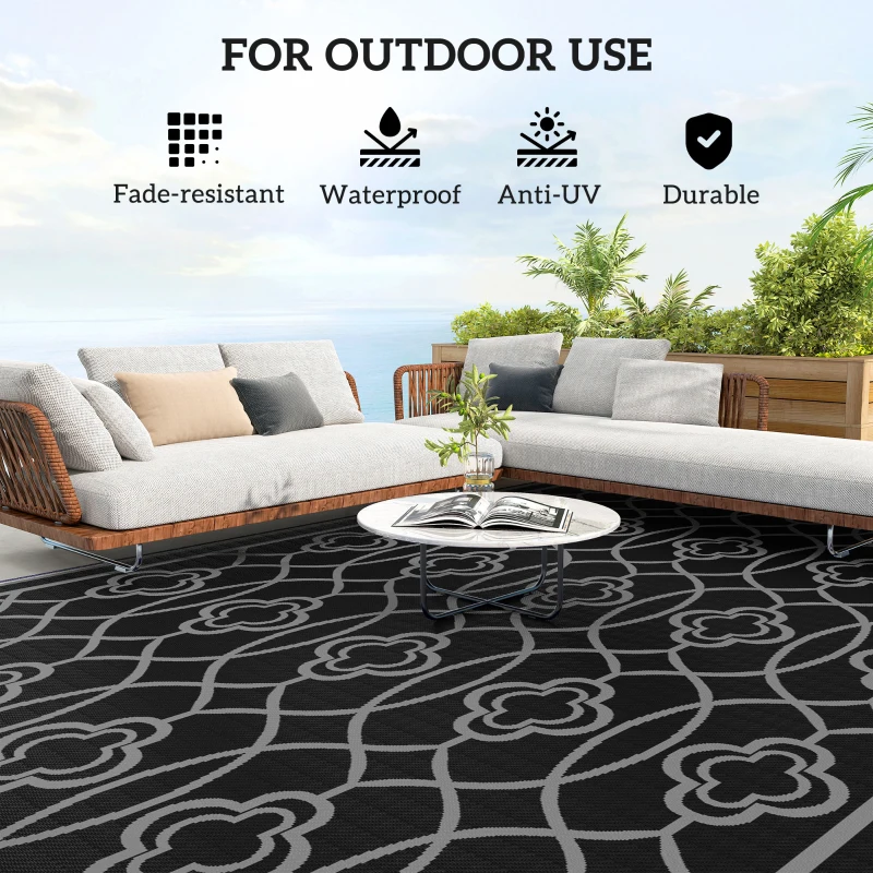 Outsunny 9' x 18' Outdoor RV Rug, Reversible Patio Floor Mat with Carry Bag, Lantern, Black and Grey