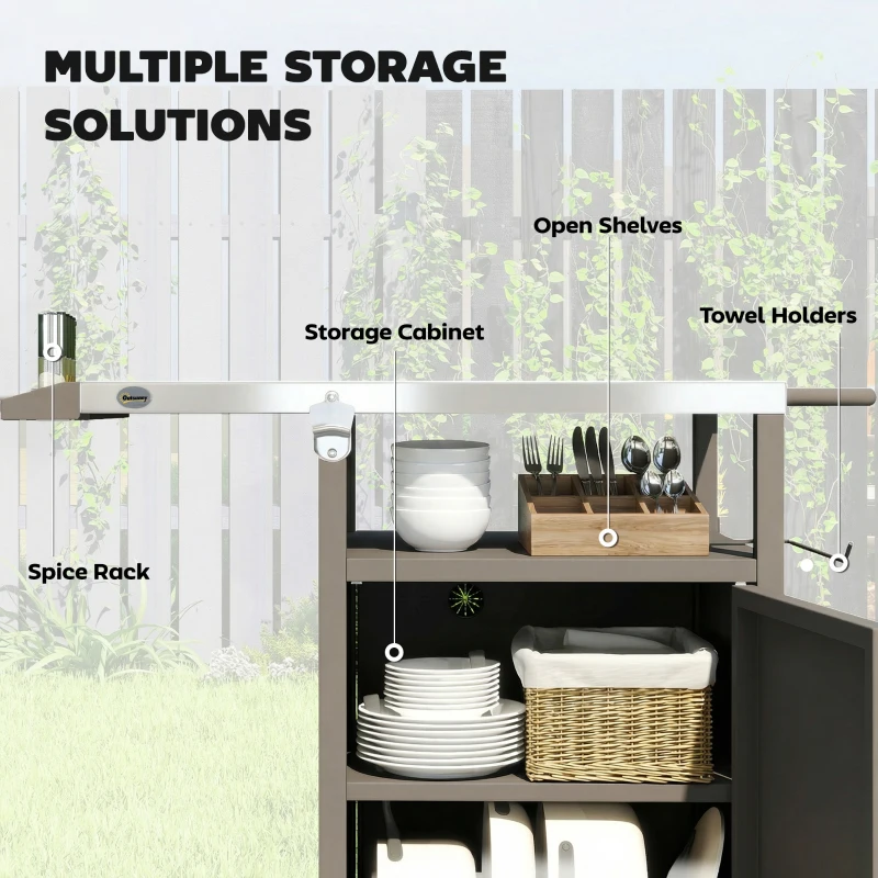 Outsunny Outdoor Grill Cart with Steel top, Pizza Oven Stand with Cabinet, Spice Rack, Towel Holder, Bottle Opener, Brown