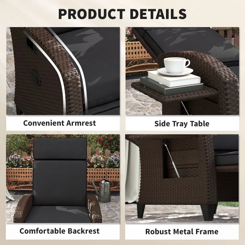 Outsunny Outdoor Recliner Chair with Adjustable Backrest, Cushion, Side Tray, Black