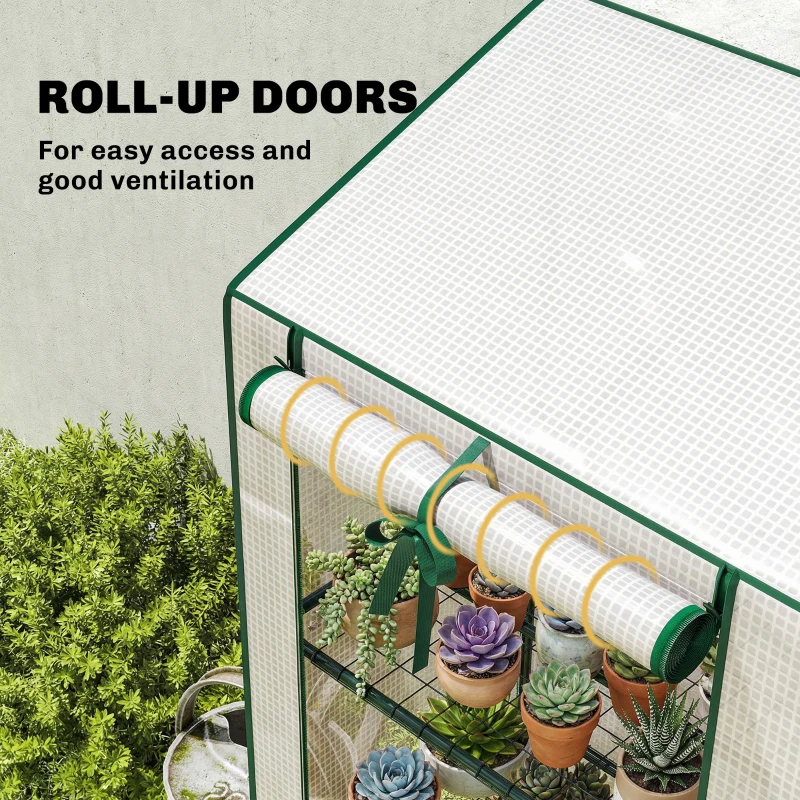 Outsunny Portable Mini Greenhouse Green House with 3 Tier Shelves, Reinforced PE Cover, Roll-up Doors, 56.3"x18.1"x59.4", White