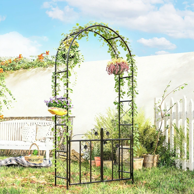 Outsunny 7.4 ft Garden Arch, Outdoor Trellis Arbor with Gate for Climbing Plants, Wedding Arch, Black