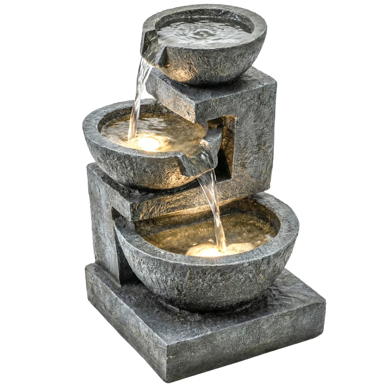 Outsunny 3-Tier Outdoor Water Fountain, Garden Waterfall Fountain with LED Lights and Pump, Indoor Freestanding Resin Waterfall