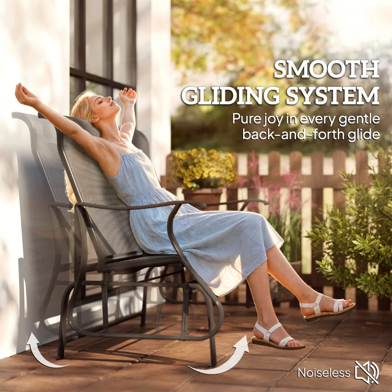 Outsunny Garden Double Gliding Chair, Patio Glider Armchair for Outdoor, Backyard Mesh Seat and Backrest, Steel Frame Black