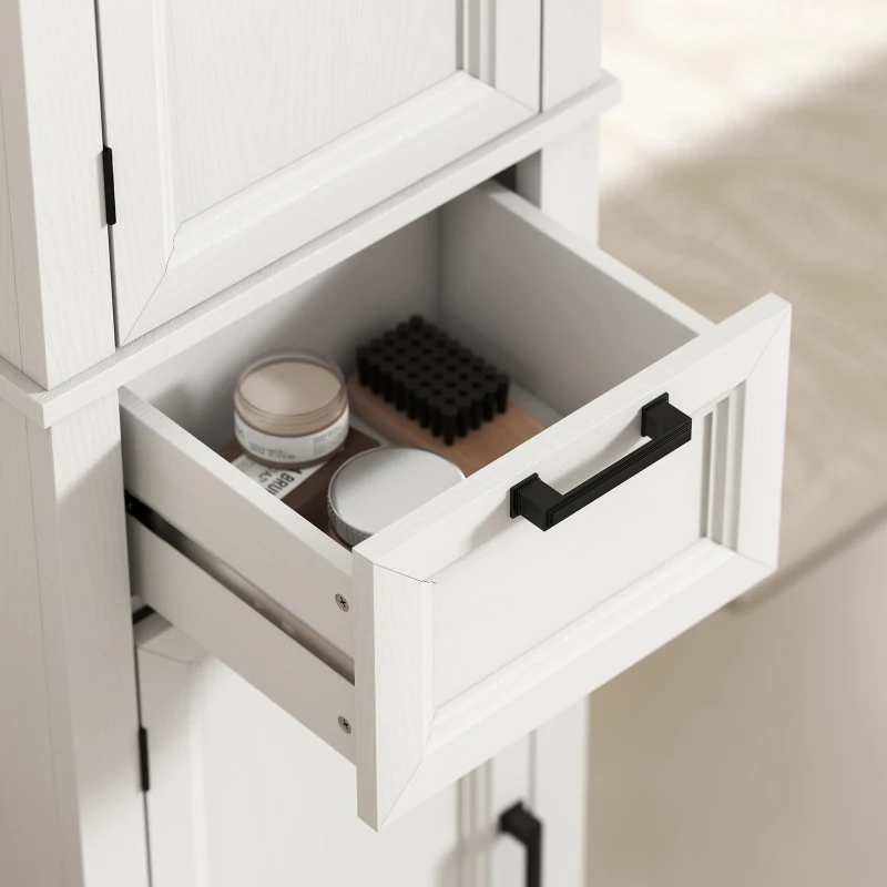 HOMCOM 65" Tall Bathroom Storage Cabinet, Freestanding Farmhouse Slim Bathroom Cabinet with 2 Doors, Shelves and Drawer, White