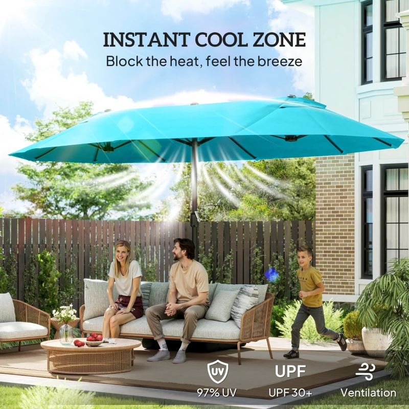 Outsunny 15' Outdoor Patio Umbrella with Twin Canopy Sunshade Steel Table Umbrella w/ Lift Crank, Cross base, Sandbag, Light Blue