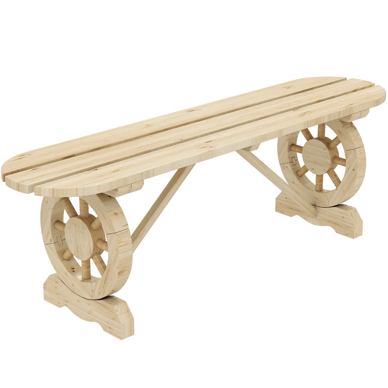 Outsunny 2-Person Outdoor Bench, Wood Garden Bench with Wagon Wheel Legs, Slatted Seat for Patio, Park, Backyard, Natural Wood