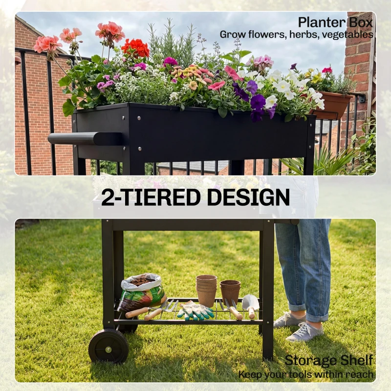 Outsunny Metal Raised Garden Bed, Elevated Planter Box with 2 Wheels, Handle and Shelf, 31.5" Tall Raised Planter