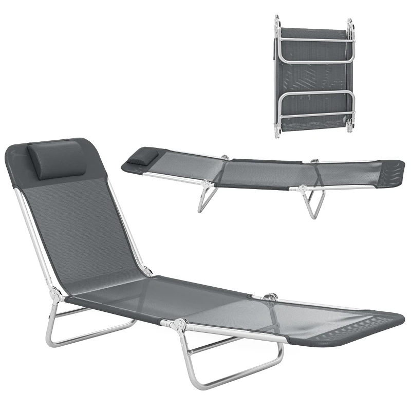 Outsunny Folding Lounge Chair, Portable Tanning Chair with Adjustable Backrest, Pillow for Beach Poolside Patio, Dark Grey