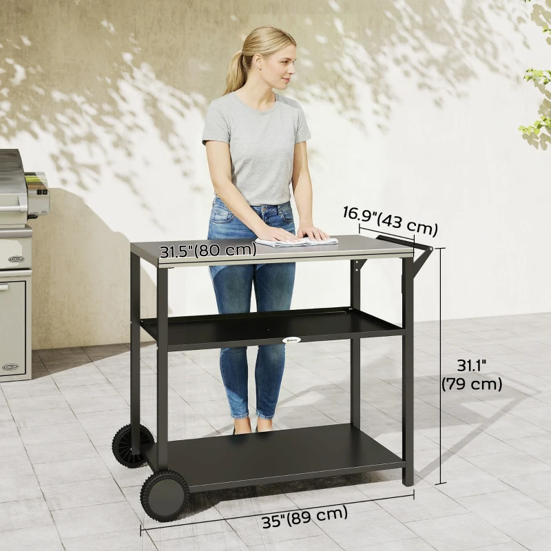 Outsunny Outdoor Grill Cart with Stainless Steel Tabletop, 3-Tier BBQ Stand, Movable Food Prep Table on Wheels, Black