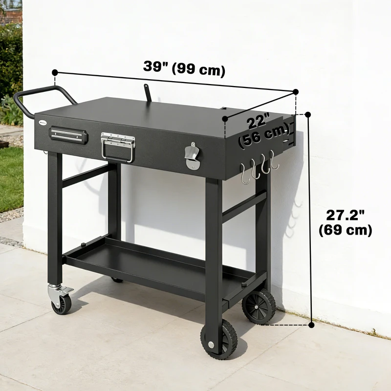 Outsunny Outdoor Grill Cart, Folding Grill Table with Magnetic Knife Holder, Hooks, Spice Rack, Paper Rack, Black