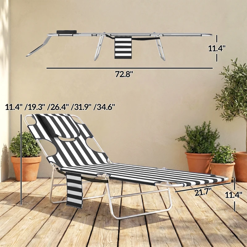 Outsunny Tanning Chair with Face Hole, 5-Level Adjustable Outdoor Chaise Lounge Chair with Pillow for Beach, Pool, Black Stripe
